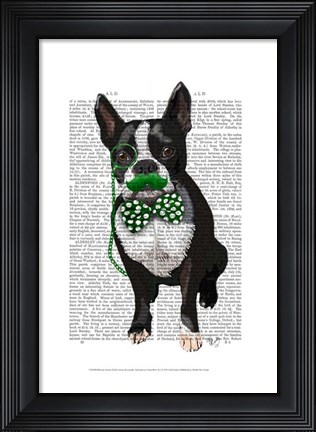 Framed Boston Terrier With Green Moustache And Spotty Green Bow Tie Print