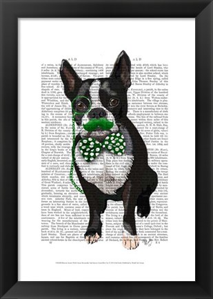 Framed Boston Terrier With Green Moustache And Spotty Green Bow Tie Print