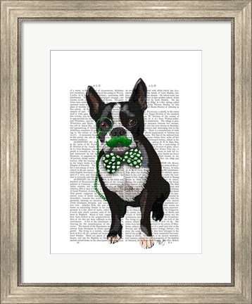 Framed Boston Terrier With Green Moustache And Spotty Green Bow Tie Print