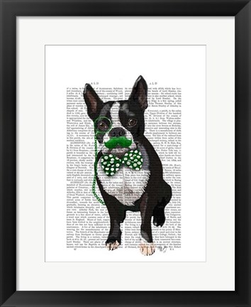 Framed Boston Terrier With Green Moustache And Spotty Green Bow Tie Print