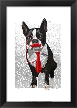 Framed Boston Terrier With Red Tie and Moustache Print