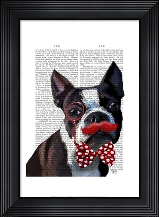 Framed Boston Terrier Portrait with Red Bow Tie and Moustache Print