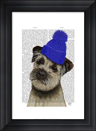 Framed Border Terrier with Blue Bobble Hat Print