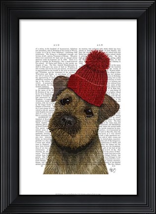 Framed Border Terrier with Red Bobble Hat Print