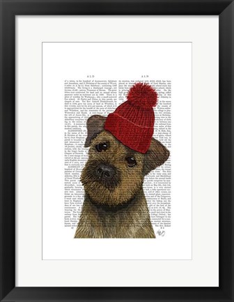 Framed Border Terrier with Red Bobble Hat Print