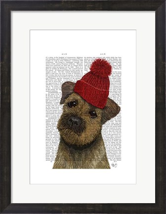 Framed Border Terrier with Red Bobble Hat Print