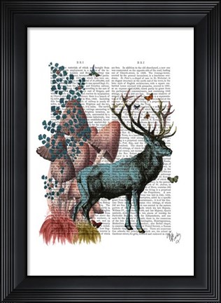 Framed Turquoise Deer in Mushroom Forest Print