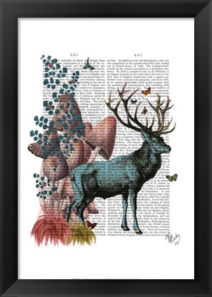 Framed Turquoise Deer in Mushroom Forest Print