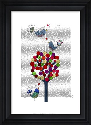 Framed Button Tree and Birds Blue Print