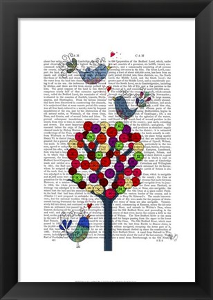 Framed Button Tree and Birds Blue Print