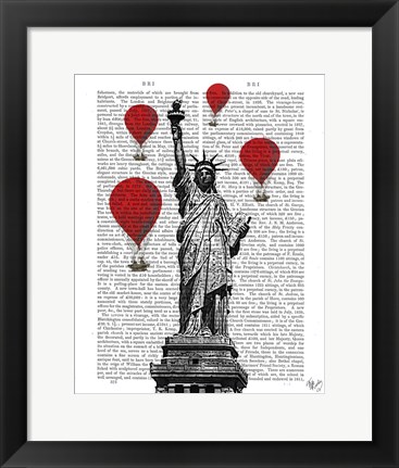 Framed Statue Of Liberty and Red Hot Air Balloons Print