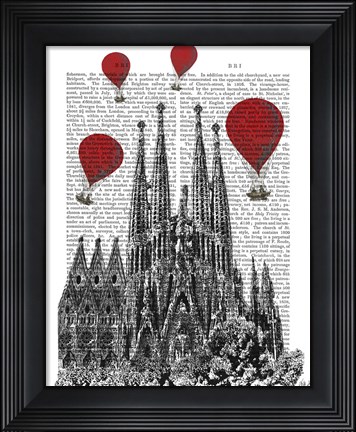 Framed Sagrada Familia and Red Hot Air Balloons Print