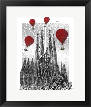 Framed Sagrada Familia and Red Hot Air Balloons Print