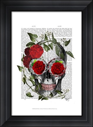 Framed Skull With Roses And Vines Print
