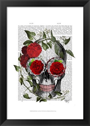 Framed Skull With Roses And Vines Print