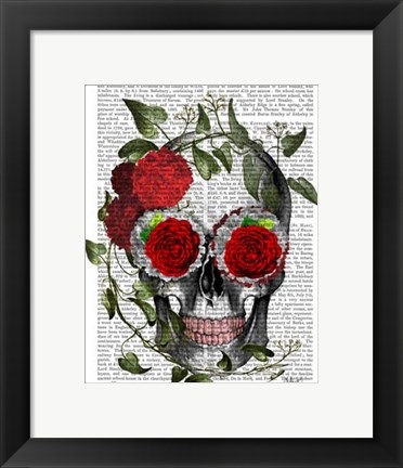 Framed Skull With Roses And Vines Print