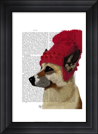 Framed German Shepherd in Red Woolly Hat Print