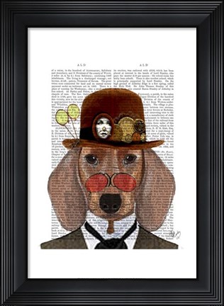 Framed Dachshund with Steampunk Bowler Hat Print