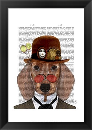 Framed Dachshund with Steampunk Bowler Hat Print