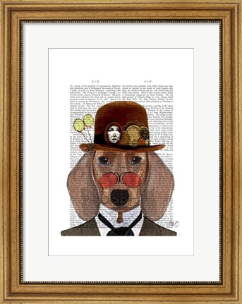 Framed Dachshund with Steampunk Bowler Hat Print