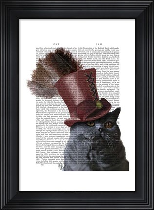 Framed Grey Cat With Steampunk Top Hat Print