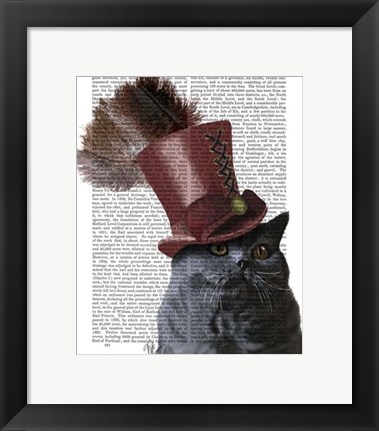 Framed Grey Cat With Steampunk Top Hat Print