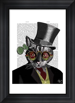 Framed Steampunk Cat - Top Hat and red yellow glasses Print