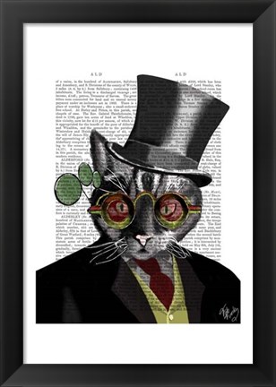 Framed Steampunk Cat - Top Hat and red yellow glasses Print