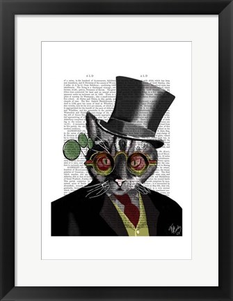 Framed Steampunk Cat - Top Hat and red yellow glasses Print