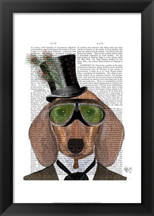 Framed Dachshund Green Goggles Top Hat Print