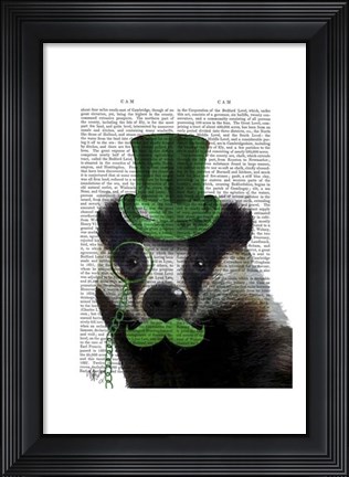 Framed Badger with Green Top Hat and Moustache Print