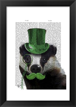 Framed Badger with Green Top Hat and Moustache Print