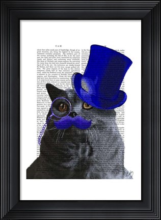 Framed Grey Cat With Blue Top Hat and Blue Moustache Print