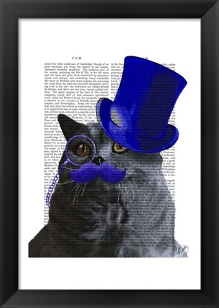 Framed Grey Cat With Blue Top Hat and Blue Moustache Print