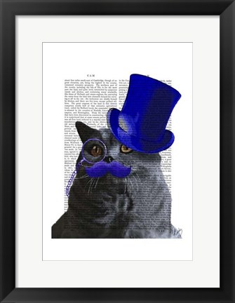 Framed Grey Cat With Blue Top Hat and Blue Moustache Print