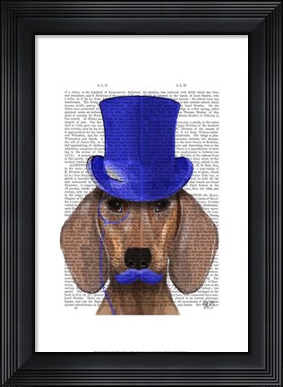 Framed Dachshund With Blue Top Hat and Blue Moustache Print