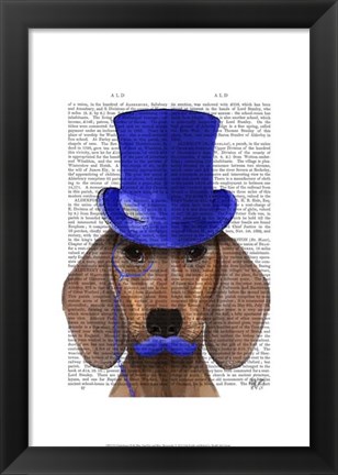 Framed Dachshund With Blue Top Hat and Blue Moustache Print