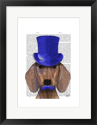 Framed Dachshund With Blue Top Hat and Blue Moustache Print