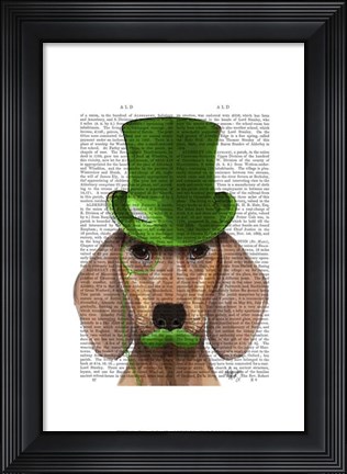 Framed Dachshund With Green Top Hat and Moustache Print