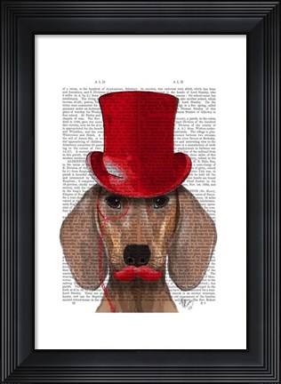 Framed Dachshund With Red Top Hat and Moustache Print