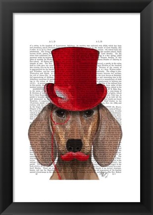 Framed Dachshund With Red Top Hat and Moustache Print