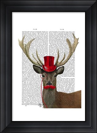 Framed Deer with Red Top Hat and Moustache Print