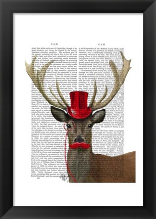 Framed Deer with Red Top Hat and Moustache Print