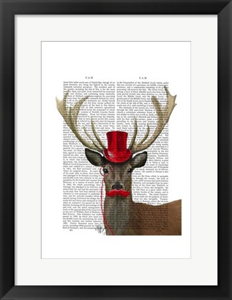 Framed Deer with Red Top Hat and Moustache Print