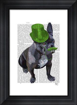 Framed French Bulldog With Green Top Hat and Moustache Print