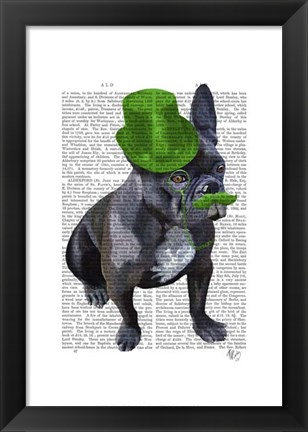 Framed French Bulldog With Green Top Hat and Moustache Print