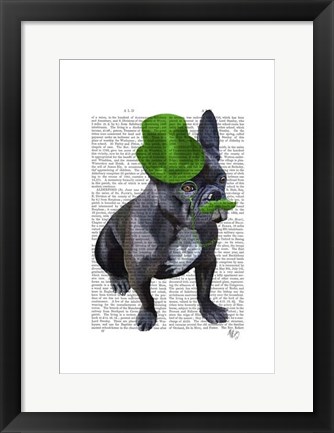 Framed French Bulldog With Green Top Hat and Moustache Print