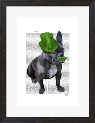 Framed French Bulldog With Green Top Hat and Moustache Print