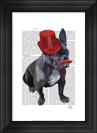 Framed French Bulldog With Red Top Hat and Moustache Print