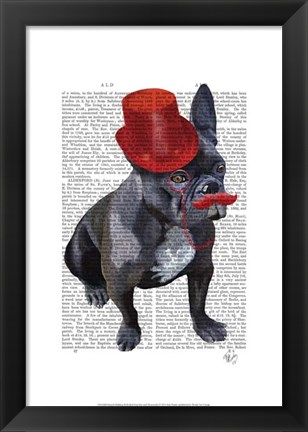 Framed French Bulldog With Red Top Hat and Moustache Print